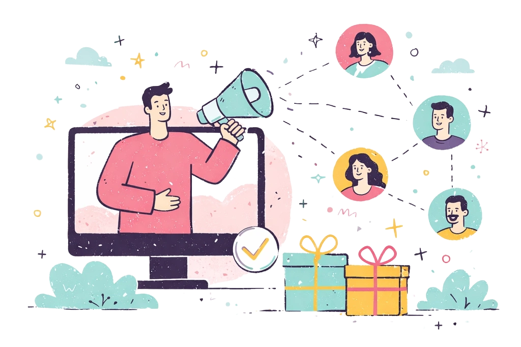 Two hands exchanging a gift box with referral link